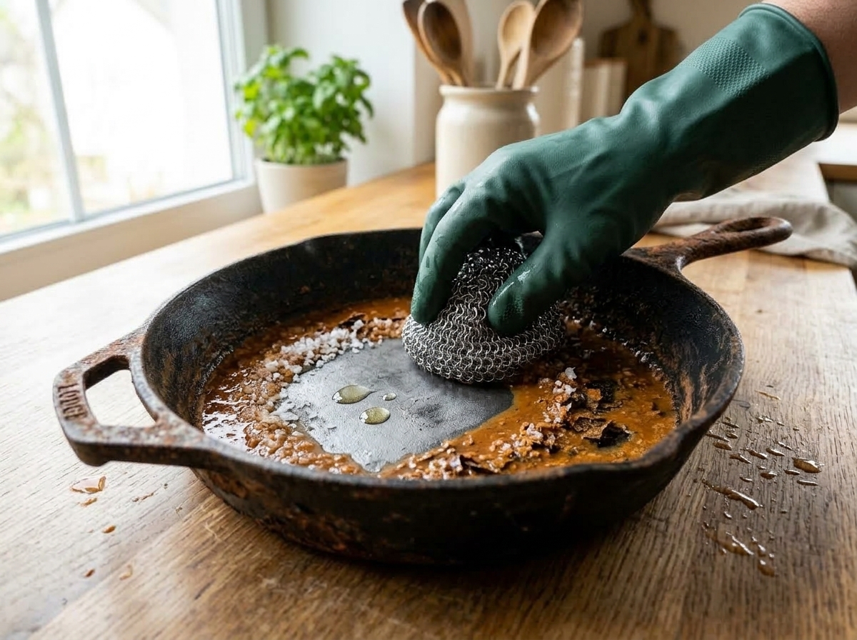 Scrubbing process: Using a chainmail scrubber and coarse sea salt paste to scour away loosened orange rust.