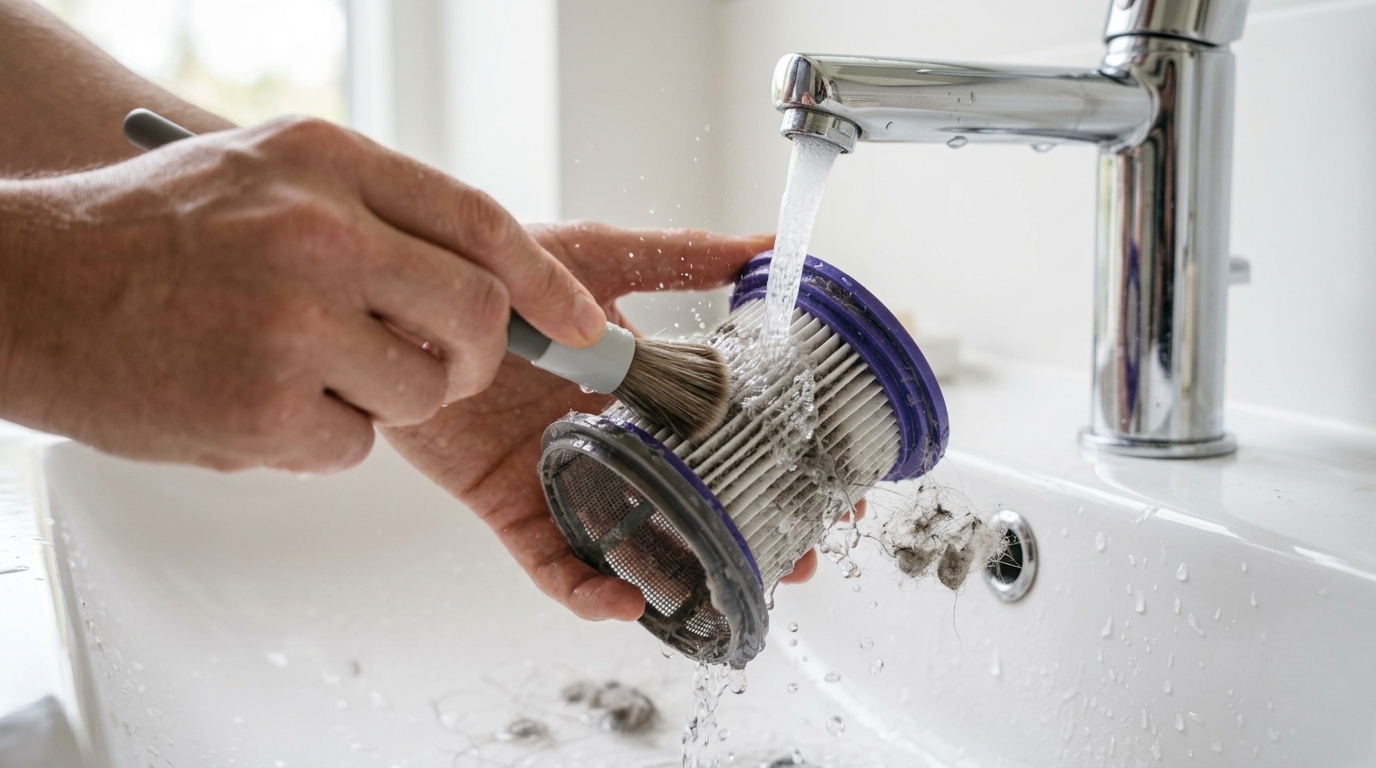 Gently washing cylindrical filter pleats and cyclone metal mesh under running lukewarm water.