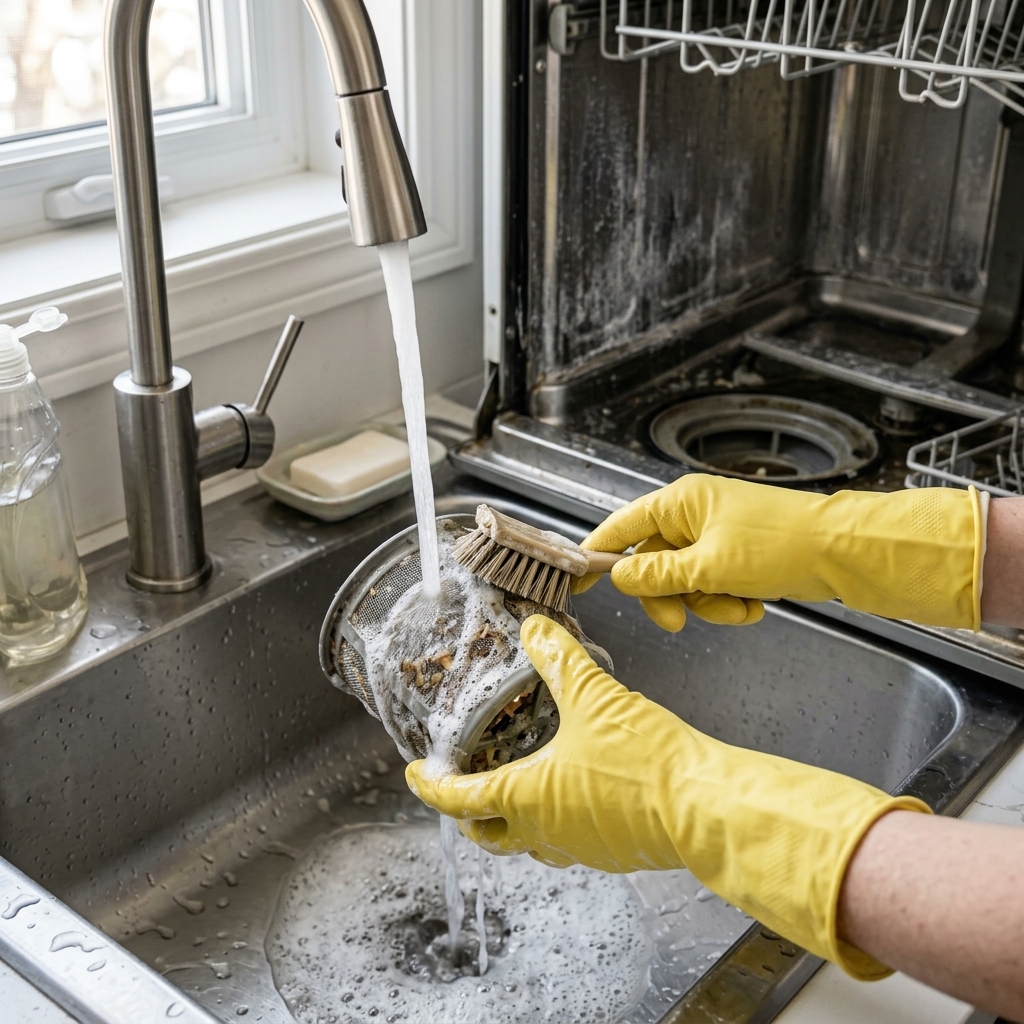 Thoroughly scrubbing the detached dishwasher filter mesh with soapy water and a soft brush.