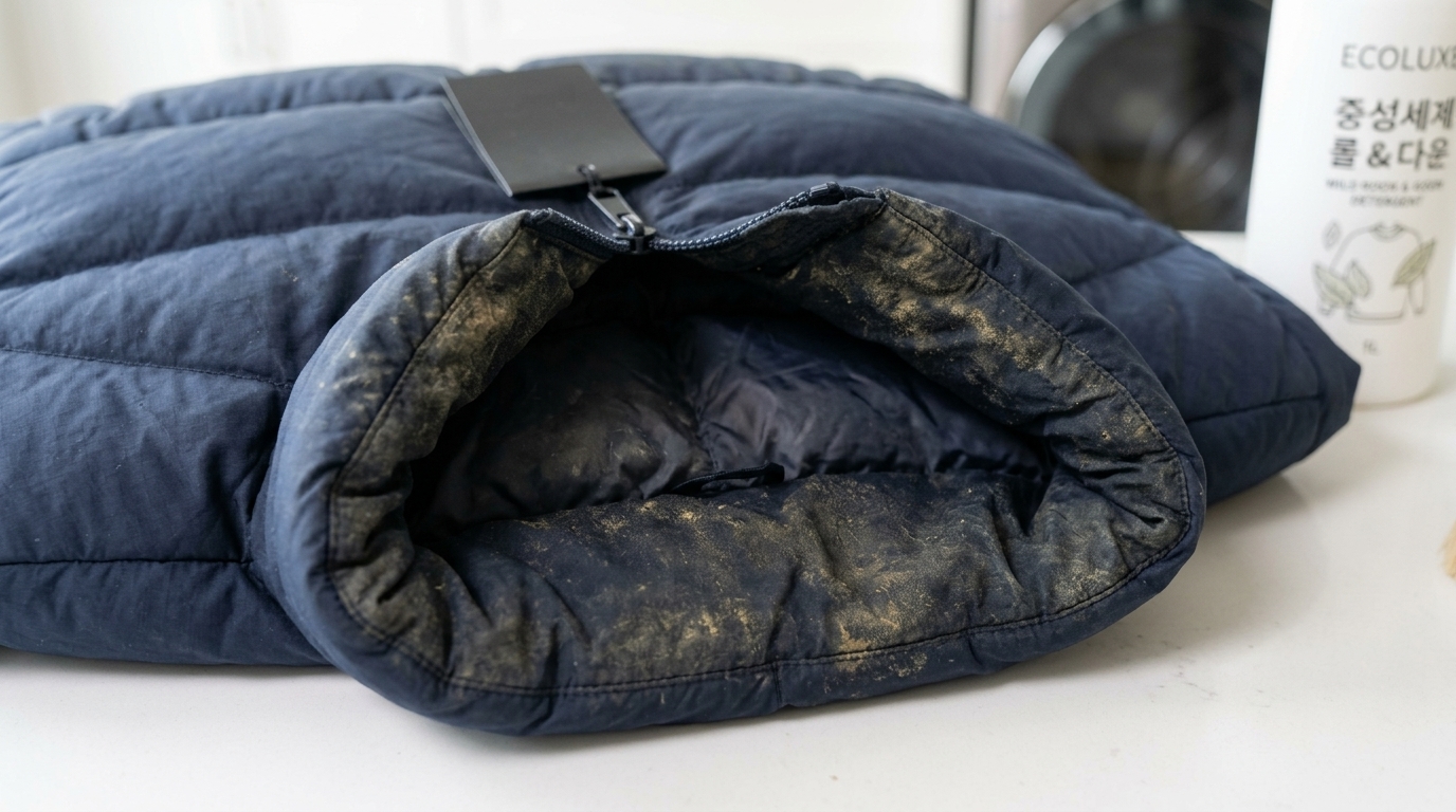 Down Puffer Jacket Collar Grease Stain Removal & Feather Fluffing Care Guide | Tennis Ball Loft Restoration Before