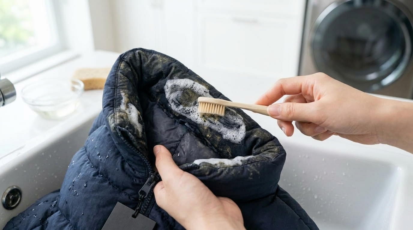 Placing the jacket inside a large mesh laundry bag and washing with neutral detergent on the gentle wool cycle