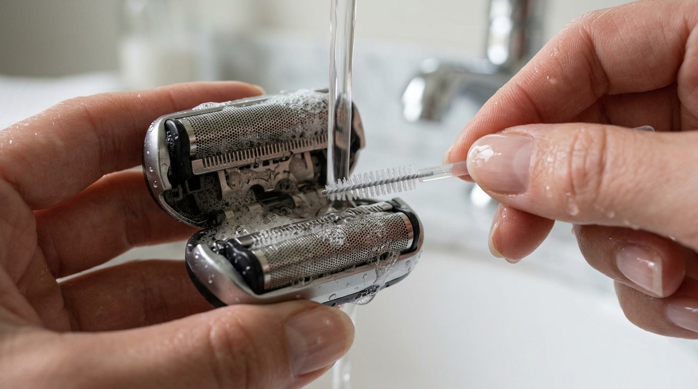 Sanitizing detached shaver foil cutters with a cleaning brush and rubbing alcohol solution to eradicate bacteria.