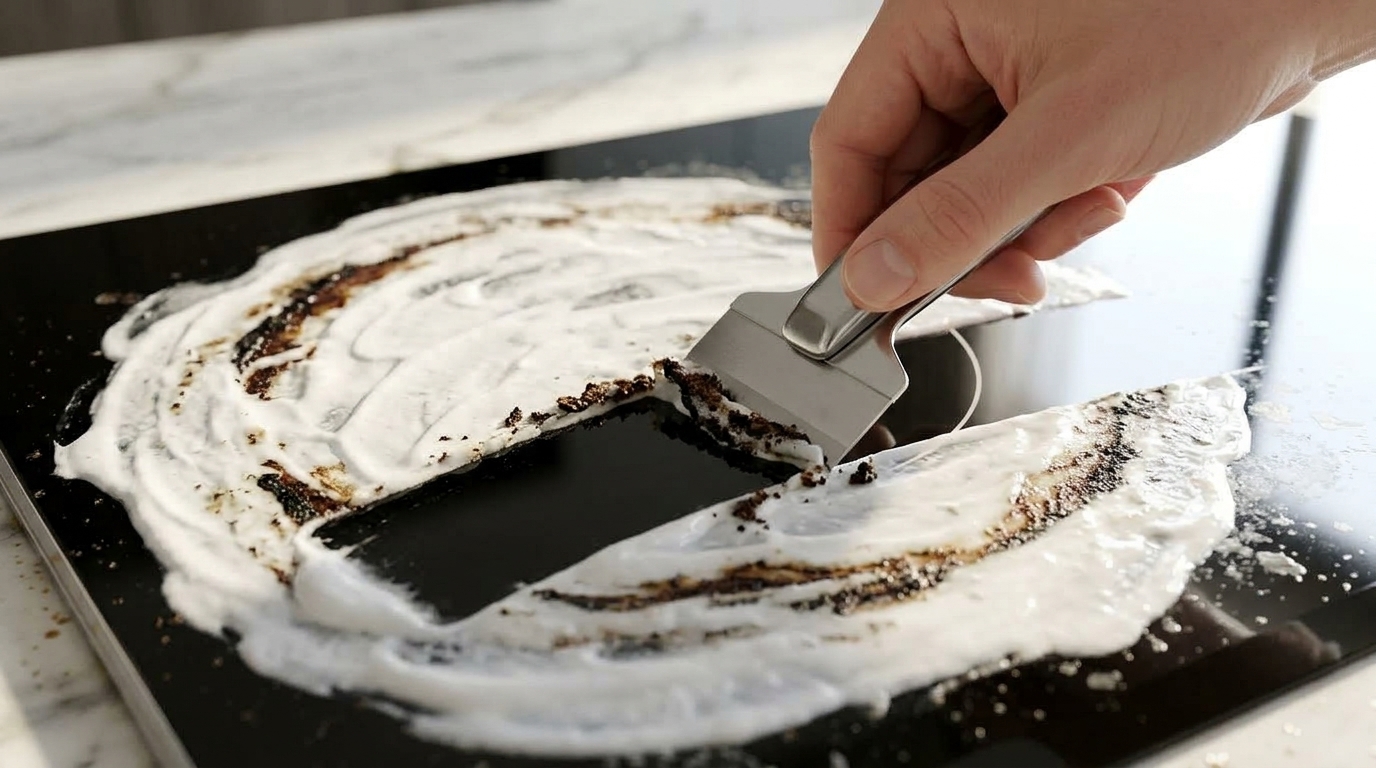 Using a ceramic glass scraper at a safe 45-degree angle to glide effortlessly and lift softened carbon crust.