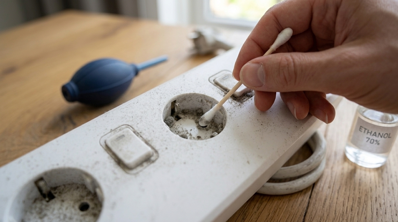 Blowing loose dust with air blower and gently cleaning socket walls using a rubbing alcohol cotton swab.