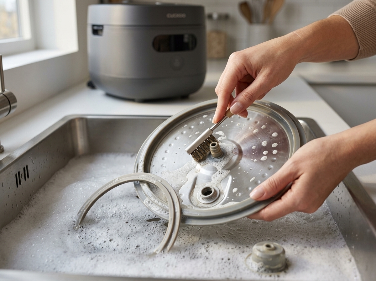 Hands washing the detached cover and silicone gasket with baking soda bubbles and scrubbing the steam valve with a brush.