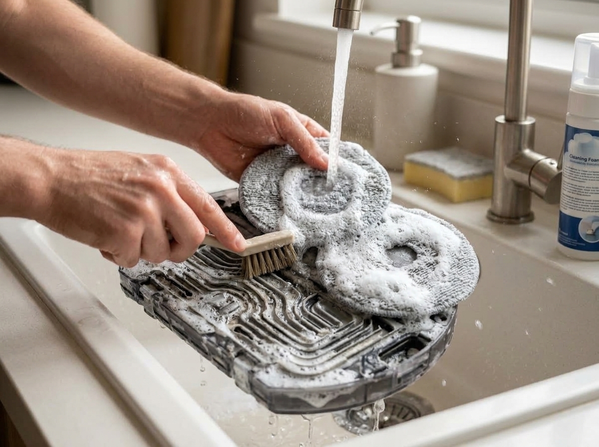 Hands deep-cleaning detached mop pads with cleaning foam and scrubbing the dock wash tray grooves with a brush.