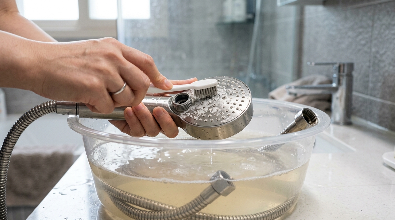 Soaking the parts in warm citric acid solution and scrubbing nozzle pores and threads with a detail brush.