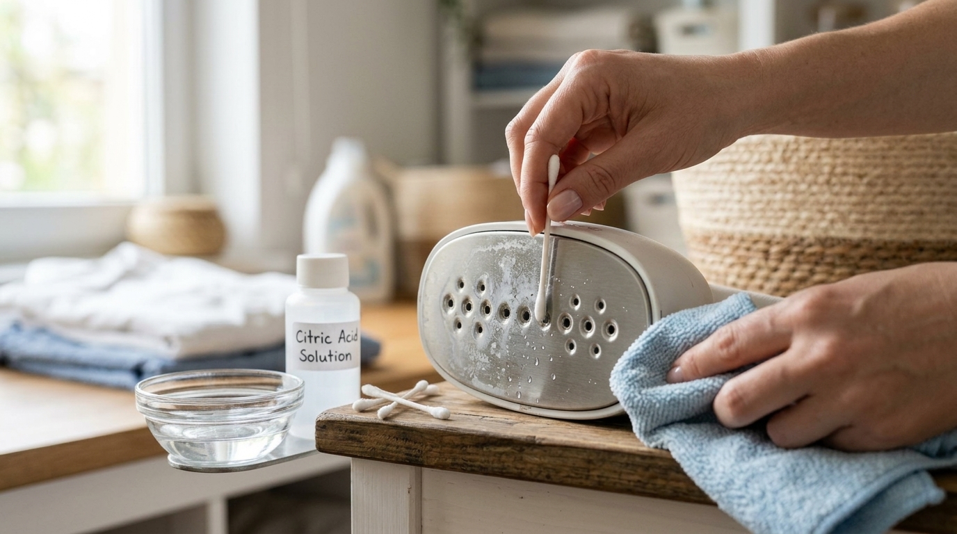 Carefully detailing steam nozzle holes and wiping mineral residue using a cotton swab and citric acid solution.