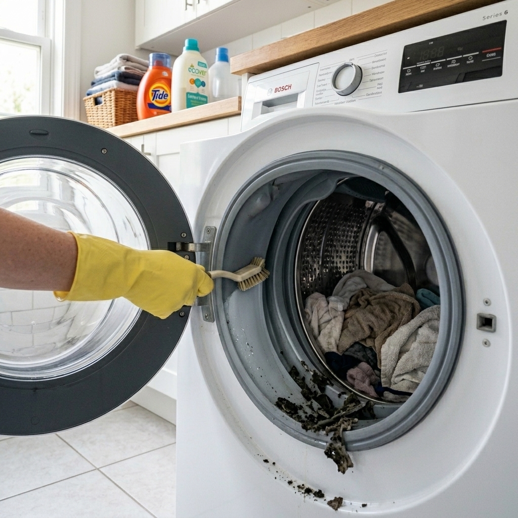 고무장갑을 착용하고 솔로 고무패킹 안쪽 불어난 곰팡이와 물때 닦아내기