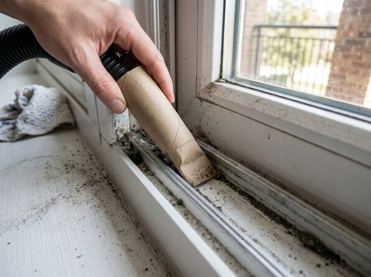 Cleaning process: Inserting the customized flattened toilet paper core nozzle directly into the window track groove.